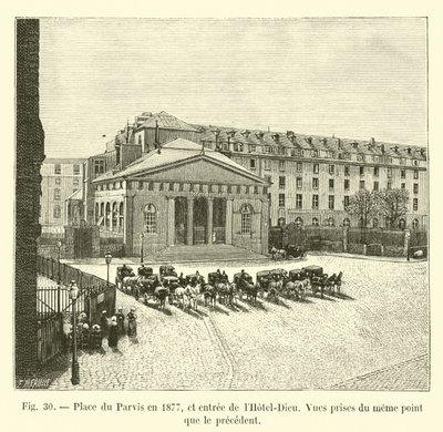 Place du Parvis em 1877, e entrada para o Hotel Dieu, vistas tiradas do mesmo ponto que o precedente de French School