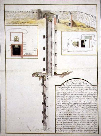 Plano e secção transversal de um Poço, c.1700 (aguarela sobre papel) de French School