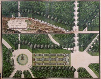 Plano e corte transversal da cascata no bosque do Levante, de Gardens at Marly, início do século XVIII (wc no papel) (ver também 174228) de French School