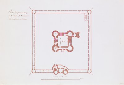 Plano para o primeiro andar do Donjon em Vincennes, 1810 (caneta e tinta no papel) de French School