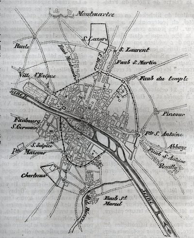 Plano de Paris sob Henri III (1580) Gravação em "Histoire physique, civile et morale de Paris: depuis les premiers temps historiques à nos jours" de Jacques Antoine Dulaure de French School