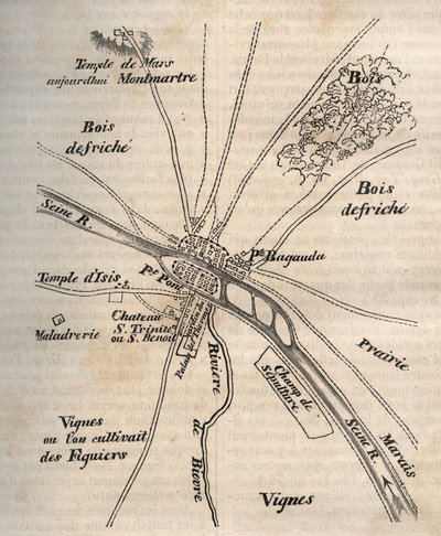 Plano de Paris sob os Merovingianos - Gravura na "História física, civil e moral de Paris: dos primeiros tempos históricos até aos nossos dias" de Jacques Antoine Dulaure de French School