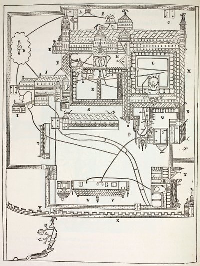 Plano do Mosteiro Beneditino de Canterbury no século XII, da Vida Militar e Religiosa na Idade Média de Paul Lacroix, publicado em Londres c.1880 de French School