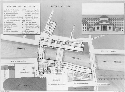 Plano do Hotel-Dieu, Paris, ilustração da descrição de Hopitaux de Paris, gravada por Jacques Etienne Thierry (1750-1832) depois de Bessat, 1808 de French School