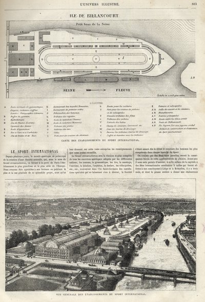 Plano do estabelecimento do Esporte Internacional, que deve ser construído na ilha de Billancourt em 1869 - visão geral dos estabelecimentos do esporte internacional na ilha de Billancourt em 1869 de French School