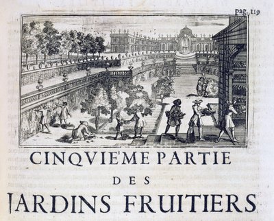 Plantar árvores frutíferas, de The Perfect Gardener, ou Instruction for Fruit Gardens and Vegetable Garden, de Jean de la Quintinye, publicado em 1695 de French School