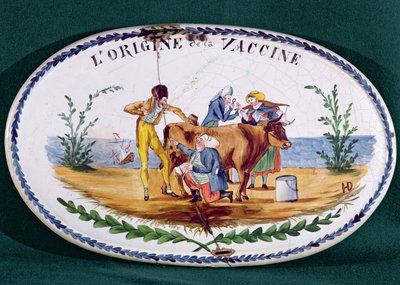 Placa representando a origem da vacinação, final do século XVIII (cerâmica vidrada) de French School