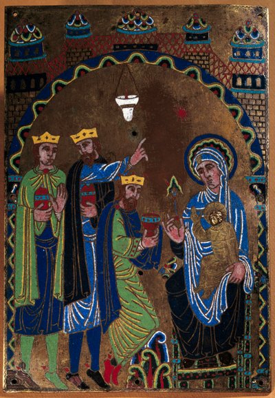Placa do altar-mor da Abadia de Grandmont: Adoração dos Reis Magos. Esmalte de cobre e cinzel sobre cobre. 1275-1300. De Limoges. Paris, Museu Nacional da Idade Média, Termas de Cluny de French School