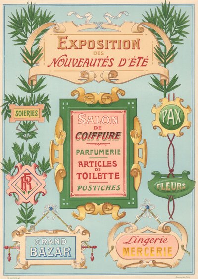 Placa nº 17: Modelos de sinalização para pintor Art Nouveau (Exposição, Cabeleireiro, Bazar, Retrosaria). de French School