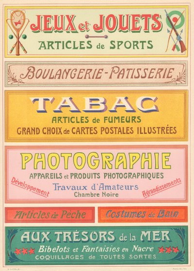 Placa n° 20: Modelos de sinalização para pintor de letras Art Nouveau (Jogos e brinquedos, Padaria-Pastelaria, Tabaco, Fotografia). de French School