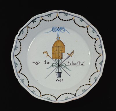 Placa com uma gaiola aberta e a lenda Vive la Liberte, 1791 (cerâmica) de French School