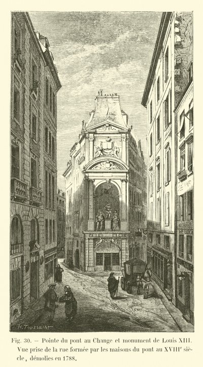 Pointe du Pont au Change e monumento de Luís XIII, vista tirada da rua formada pelas casas da ponte no século XVIII, demolida em 1788 de French School