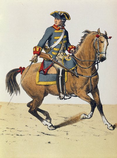 Policial, de, c.1750, montado, ligado, um, cavalo, 19o século, (color, engraving) de French School