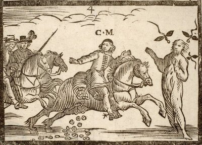 Panfletos políticos Mazarinade: Mazarin em seu vôo cai ecus: a sombra de Concini, Marechal de Âncora, está diante dele. Madeira gravada 1651. de French School