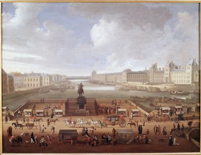 Pont-Neuf, Paris, vista da entrada da Place Dauphine mostrando o Colégio 4 Nações, Quai Malaquais e Louvre (óleo sobre tela de French School