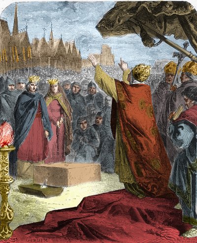 O Papa Alexandre III (Orlando Bandinelli) (Alessandro III) colocou, em 1163, a primeira pedra da catedral de Notre-Dame de Paris (Notre-Dame) na presença do rei Luís VII de França e do eveque Maurice de Sully. de French School