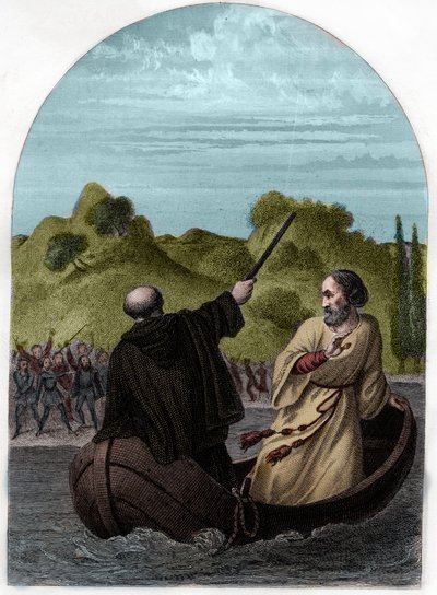 Papa Eugênio IV (Eugênio, Eugênio) (1431-1447) escapa em um barco para escapar da ira dos romanos - POPE EUGENIUS IV (Gabriele Condulmaro) oposto pela poderosa família Colonna, ele tem que fugir de Roma, enquanto seus inimigos elegem um anti-popa - Gravura de French School