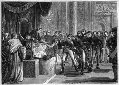 Papa Pio VII (1742-1823) recebendo em Roma os marinheiros franceses membros das tripulações dos dois tijolos "São Pedro" e "São Paulo" oferecidos como presente ao Papa por Bonaparte, agosto de 1802 - Gravura de 1865 no "Histoire du Consululate et de l