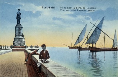 Porto disse cartão postal. Monumento dedicado a Fernand de Lesseps com vista para o porto e para o mar. Por volta de 1900 (cartão-postal) de French School