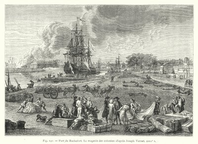 Porto de Rochefort, A Loja Colonial; depois de Joseph Vernet do século XVIII (gravura) de French School