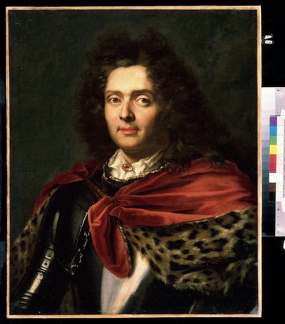 "Retrato de um aristocrata francês do século XVIII" Ele está a usar um manto de pele sobre a sua armadura. Pintura da escola francesa de meados do século XVIII Mikhail Kroshitsky Art Museum, Sevastopol (Sebastopol) Ucrânia de French School