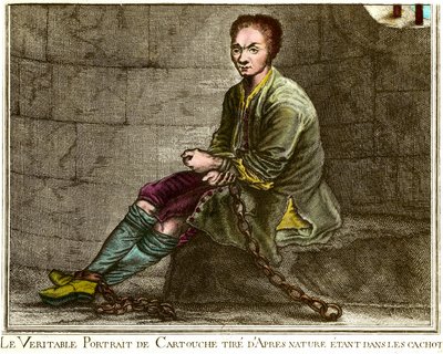 Portrait en pied de Louis Dominique Cartridge (1693-1721), ladrão francês em seu calabouço Gravura do século XVIII Coleção particular de French School