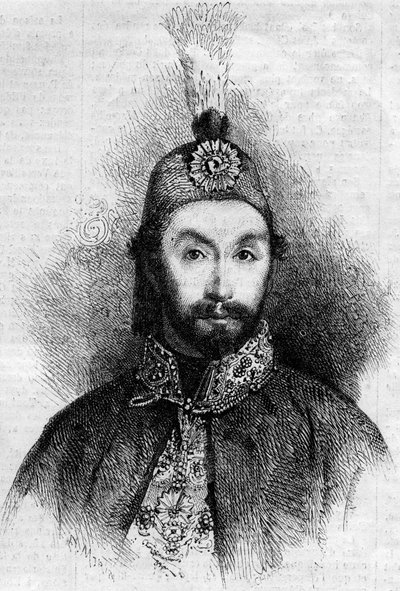 Retrato de Abdulmecit I (Abdul-Medjid-Khan, Abdul Medjid Khan) (1823-1861), sultão do Império Otomano. Gravura em "Le Monde Illustré" n°221 de 6 de Julho de 1861. de French School