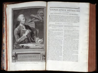 Retrato do Alemberte e uma página de texto da Enciclopédia de Diderot e Alemberte de French School