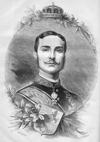 Retrato de Alfonso XII (Alfonso) (1857-1885), Rei de Espanha. Gravura em "Le Monde Illustré" n°1085 de 19 de Janeiro de 1878. de French School