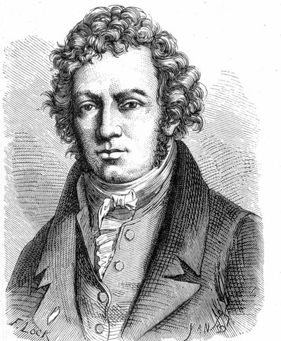 Retrato de André Marie Ampère (1775 - 1836), físico francês - no "Album de la Science; cientistas ilustres; Grandes descobertas" 1896. de French School