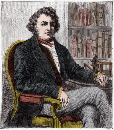 Retrato de André Marie Ampere (1775-1836), físico francês - Andre-Marie Ampere (1775-1836), físico francês e pioneiro da eletrodinâmica - Gravura em "Sciences mise à la range de tous - physique et chimie populaires" de Alexis Clerc - Final 19 ce de French School