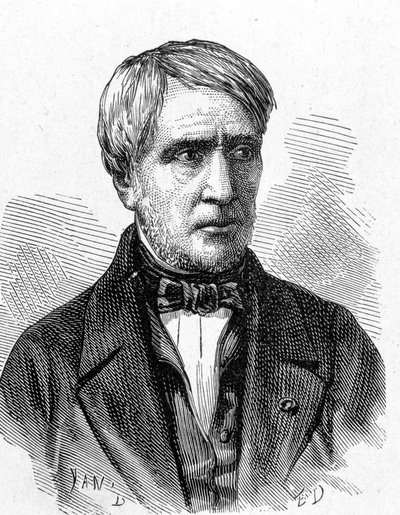 Retrato de Antoine Cesar Becquerel (1788 - 1878), físico francês - no "Album de la Science; ilustres estudiosos; Grandes Descobertas" 1896. de French School