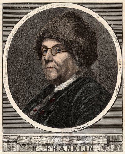 Retrato de BENJAMIN FRANKLIN (1706-1790) Impressor, editor, cientista, inventor, estadista e diplomata americano - Retrato de Benjamin Franklin (1706-1790), físico, filósofo e político americano - Gravura em "Ciências trazidas ao alcance de French School