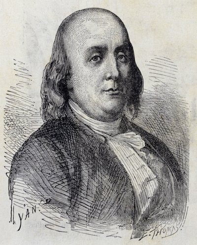 Retrato de Benjamin Franklin (1706 - 1790), político americano, memorialista, panfletário e físico - em "Álbum de Ciências; ilustres estudiosos; Grandes Descobertas" 1896. de French School