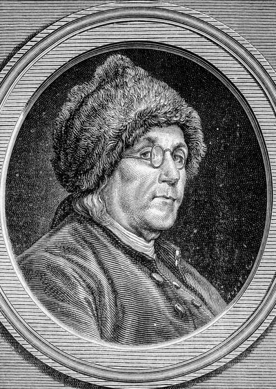 Retrato de Benjamin Franklin (1706 - 1790), político, memorialista, pamphletar e físico americano - no "Album de la Science; ilustres estudiosos; Grandes Descobertas" 1896. de French School