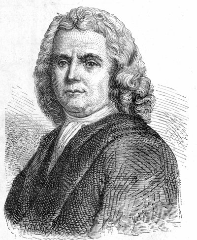 Retrato de Boerhaave Hermann (1668 - 1738), médico e químico holandês (adepto do iatromecanismo) - no "Álbum da Ciência; cientistas ilustres; Grandes descobertas" 1896. de French School