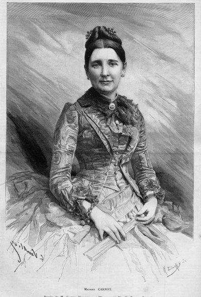 Retrato de Cecile Carnot (nee Dupont-White ou Dupont White) (1841-1898), esposa de Sadi Carnot, Presidente da República Francesa. Gravura em "Le Monde Illustré" n°1678 de 25 de Maio de 1889. de French School