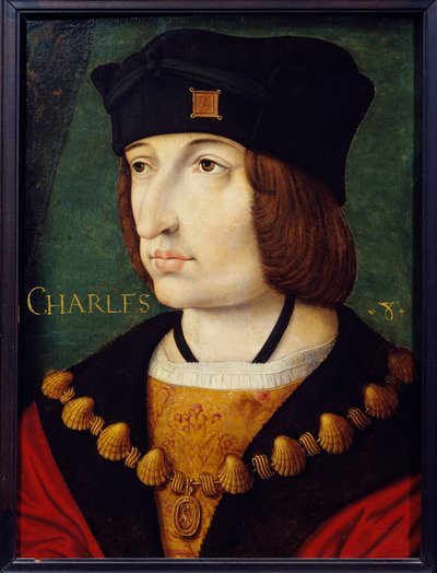 Retrato de Carlos VIII (1470-1498) filho de Luís XI Pintura da Escola Francesa do século XVI por Jean Perreal. Dim. 0,36x0,27 m. Musee Conde, Chantilly de French School
