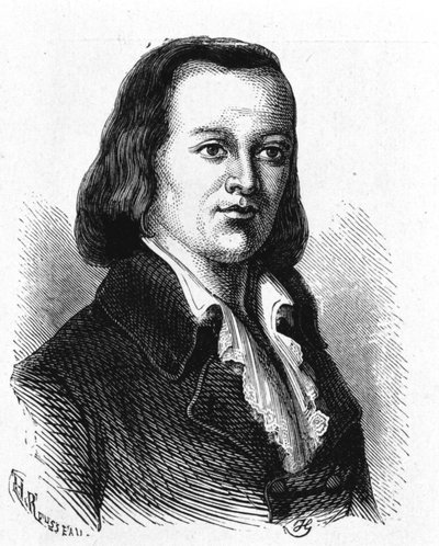 Retrato de Claude Chappe (1765 - 1807), engenheiro francês que fez o primeiro telégrafo aeriano - no "Album de la Science; cientistas ilustres; Grandes descobertas" 1896. de French School