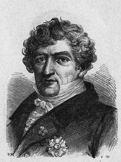 Retrato de Cuvier (1769-1832), zoólogo e paleontólogo francês - no "Album de la Science; cientistas ilustres; Grandes descobertas" 1896. de French School