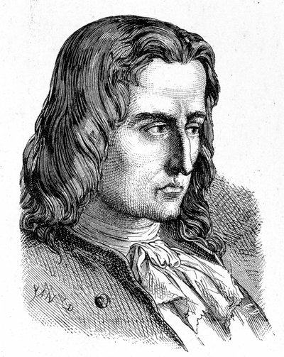 Retrato de Denis Papin (1647 - 1714) - em "Álbum de Ciências; ilustres estudiosos; Grandes Descobertas" 1896. de French School