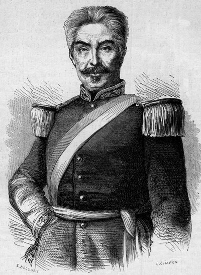 Retrato de Don Miguel San Roman (1803-1863), Presidente do Peru. Gravura em "Le Monde Illustré" n°320 de 30 de Maio de 1863. de French School