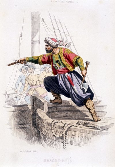 Retrato de Dragut - Reïs, pirata turco do século XVI - em "Histoire des pirages et corsaires de l