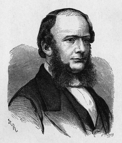 Retrato de Ernest Werner von Siemens (1816 - 1892), engenheiro e industrial alemão, fundador da empresa que criou a primeira grande linha telegráfica europeia... - em "Album of Science; cientistas ilustres; Grandes descobertas" 1896. de French School