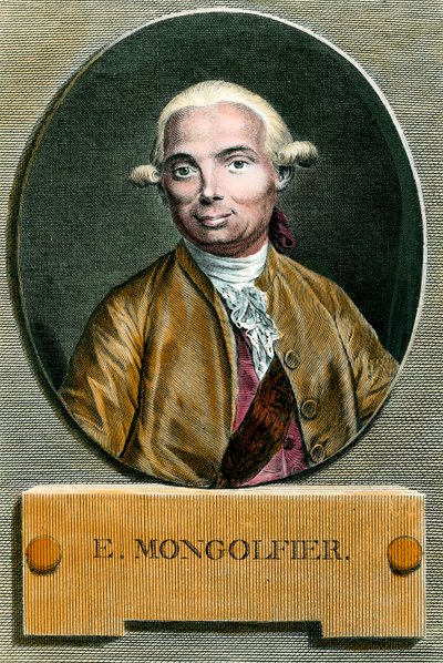 Retrato de Etienne de Montgolfier (1745 - 1799), inventor do balão de ar quente. Gravura do século XVIII. Colecção privada. de French School