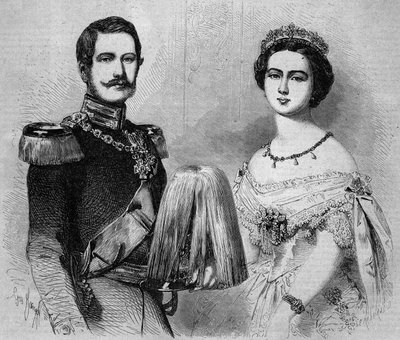 Retrato de Frederic Guilllaume da Prússia (1831-1888, futuro Frederic III, rei da Prússia e imperador alemão) e de sua noiva, a princesa Vitória da Inglaterra (1840-1901). Gravura em "Le Monde Illustré" n°41 de 23 de Janeiro de 1858. de French School