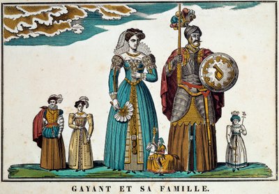Retrato de Gayant, um gigante que simboliza a cidade de Douai, retrata com sua família: sua esposa, Marie Cagenon, e seus três filhos, Jacquot, Fillon e Binbin. Gravura do século XVIII, imagem de Belfort. Coleção Ferrand de French School