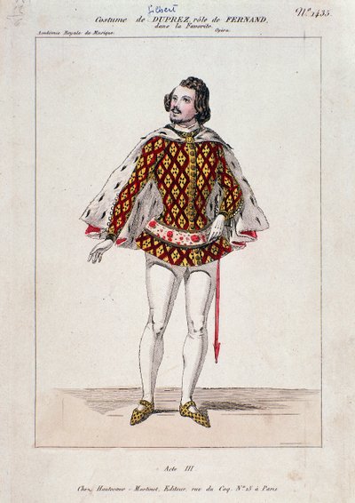 Retrato de Gilbert Duprez, tenor e compositor francês em "La Favorite" de Gaetano Donizetti (gravura colorida) de French School