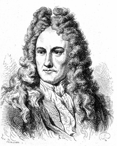 Retrato de Gottfried Wilhelm von Leibniz (1646 - 1716), filósofo e estudioso alemão - em "Album of Science; Ilustres estudiosos; Grandes descobertas" 1896. de French School