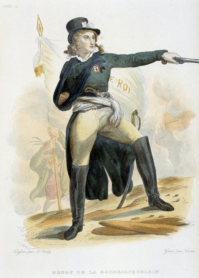 Retrato de Henri du Vergier, conde de La Rochejaquelein (ou Orchard de La Rochejacquelein) (1772-1794) com a bandeira "live le roi" (no peito a insígnia dos Vendeens) - in "Le Plutarque Français" de Mennechet, volume 8 1841 de French School